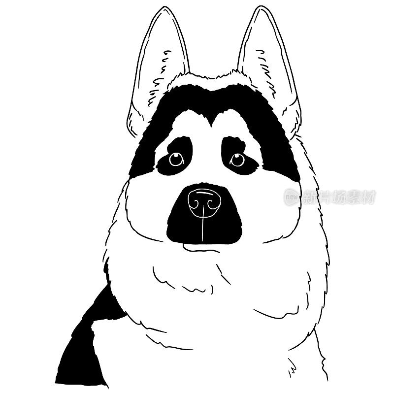 Black and white dog illustration isolated on white background. Vector hand drawn logo of German Shepherd. Animal portrait by free hand.